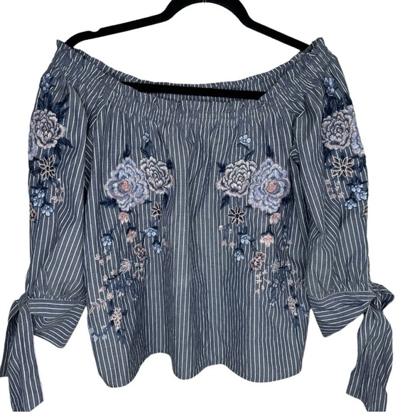 American Eagle Poplin Striped Embroidered Blouse Size Small - Picture 4 of 6